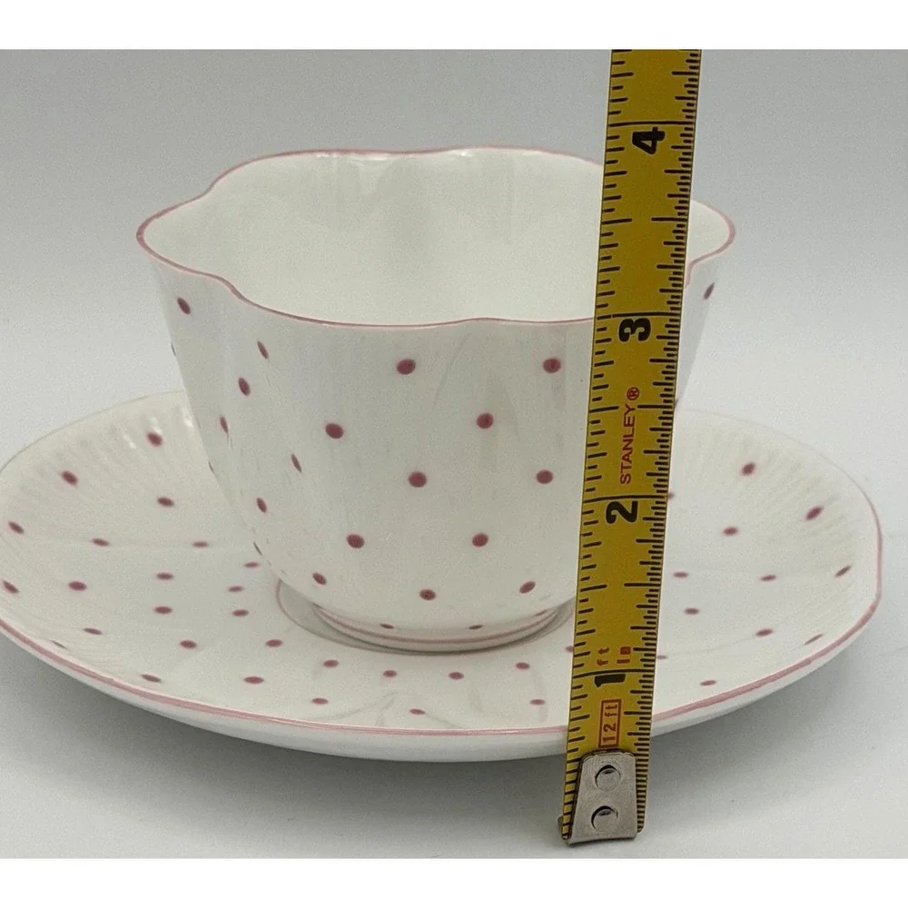 Shelley England Tea Cup Saucer Set White Pink Polka Dots Fine Bone China EUC